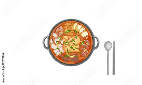 한국 음식 부대찌개, Korean stew Budae Jjigae, army base stew, spicy sausage illustration, vector