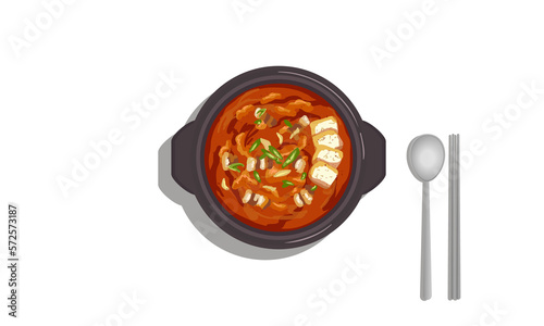 한국 음식 한식 김치찌개 김칫국, 매운 국물 배경 없는 이미지 korean food kimchi stew jjigae illustration vector photo