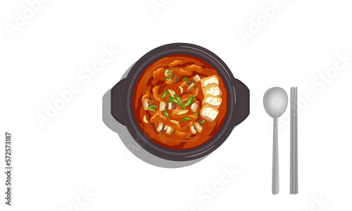 한국 음식 한식 김치찌개 김칫국, 매운 국물 배경 없는 이미지 korean food kimchi stew jjigae illustration vector