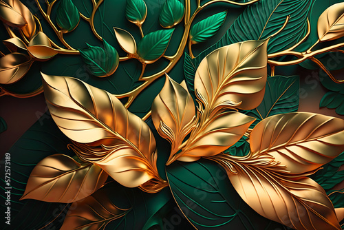 Leaves background. 3d mural floral wallpaper. golden and green f leaves, Generative AI