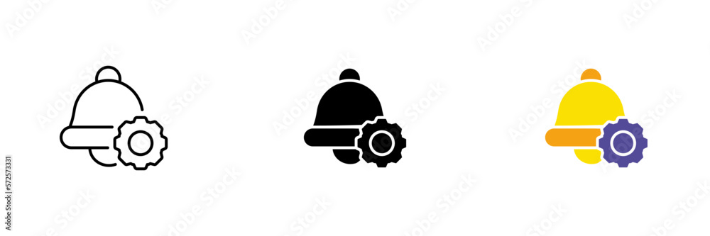 Icon of an alarm clock with a gear. Notification settings, alarm settings. Vector set of icons in line, black and colorful styles isolated on white background. Icon of an alarm clock with a gear. Notification settings, alarm settings. Vector set of icons in line, black and colorful styles isolated on white background.