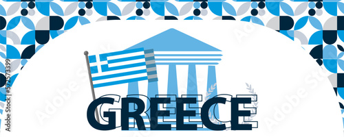 greece independence day banner with greek flag colors theme background and geometric abstract retro modern design. Multiple landscapes of greece, celebration of independence day.
