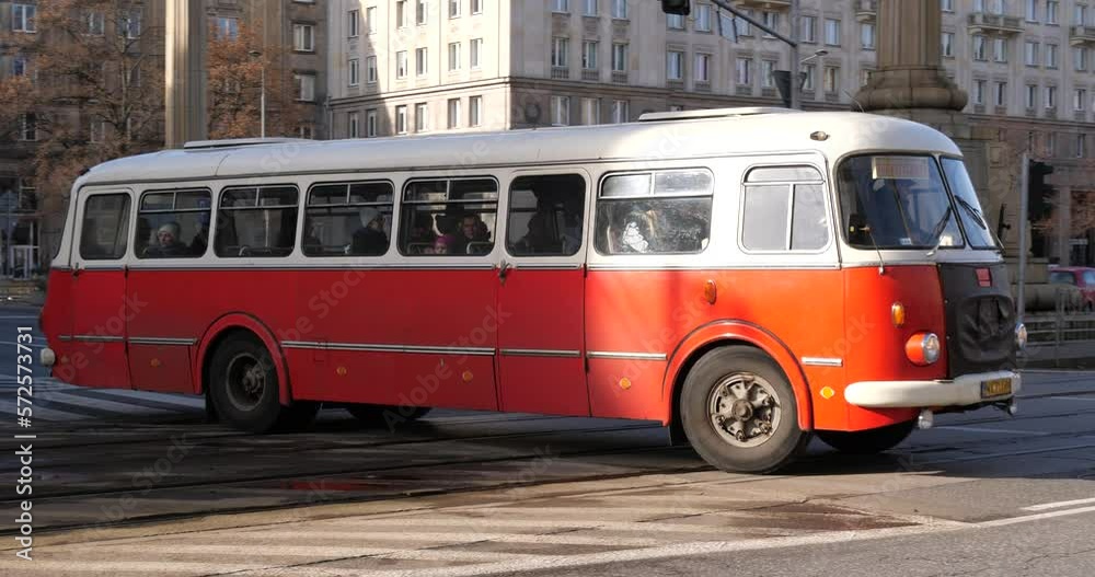Old historic bus known as Ogorek (Cucumber) on the streets of Warsaw, Poland