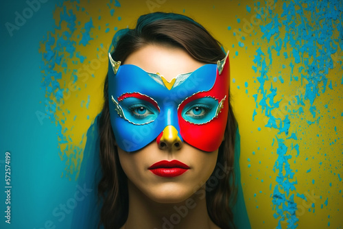 Young causasian woman wearing a colorful carnival mask isolated on blue background, generative ai