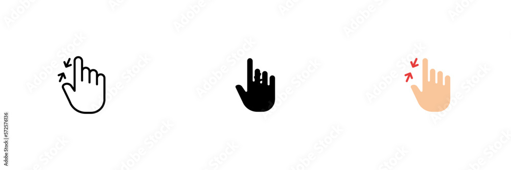 Zoom out finger icon. Mouse control, photo manipulation. Vector set of icons in line, black and colorful styles isolated on white background. Zoom out finger icon. Mouse control, photo manipulation. Vector set of icons in line, black and colorful styles isolated on white background.