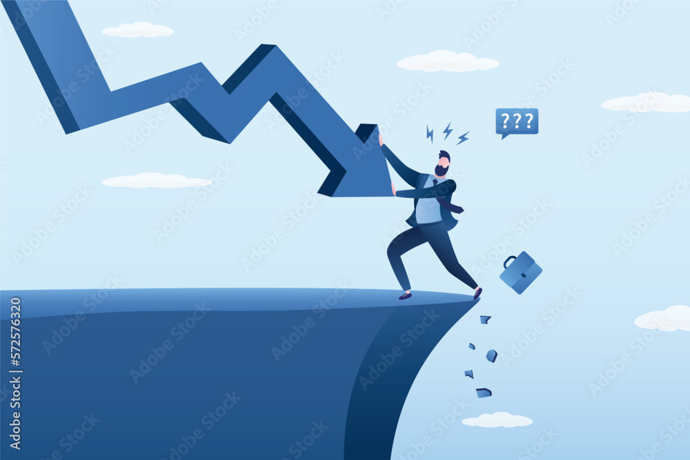 Fototapeta premium Falling graph pushes businessman to abyss, entrepreneur fighting with economic and financial crisis, bankruptcy. Dismissal of an employee due to financial problems at company.
