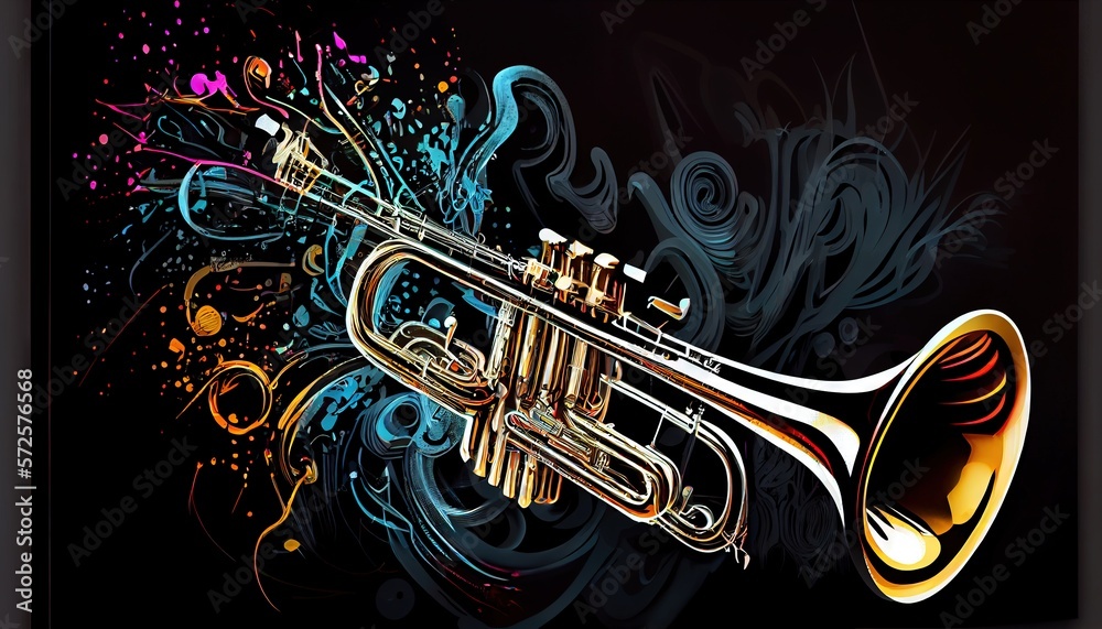 Trumpet. Music graphite poster, background, wallpaper. Printable