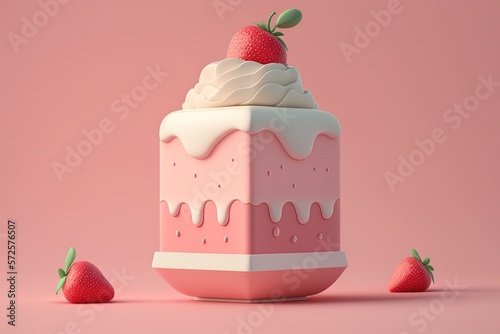 Minimalist 3D render of a soft and fluffy pink strawberry shortcake | soft pop | generative AI