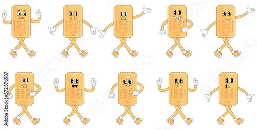 Cartoon ticket movie. film making accessorie character with cute cheerful emotions, hands and legs. Vector cinematography person set.