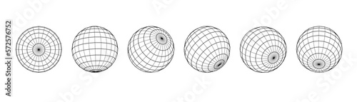 Wireframe spheres globe earth. Globe icons in different angles. Outlane linear globe grid isolated PNG.