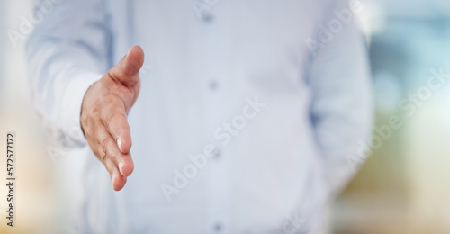 Hand, handshake and partnership for greeting, introduction or meeting in b2b, unity or deal agreement at office. Employee showing gesture for shaking hands in support, welcome or thank you promotion