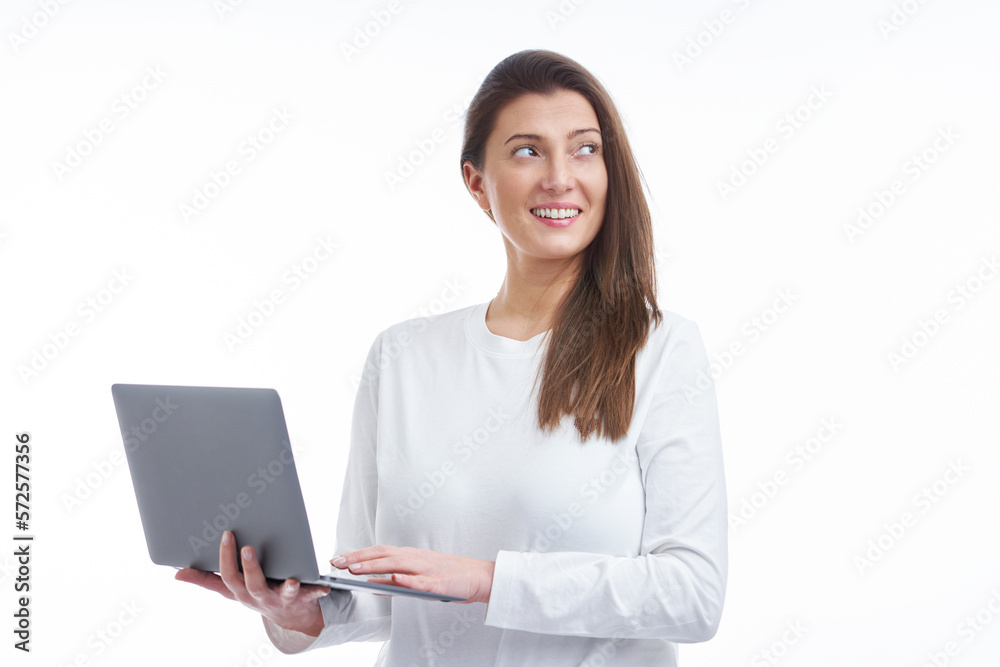 Isolated picture of brunette woman on white background with computer Isolated picture of brunette woman on white background with computer