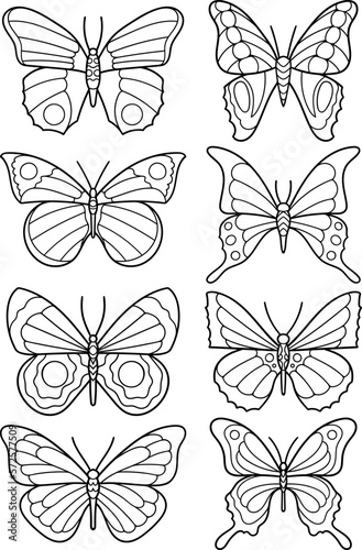 Hand drawn vector butterfly set. Doodle style, line art. Black and white illustrations 