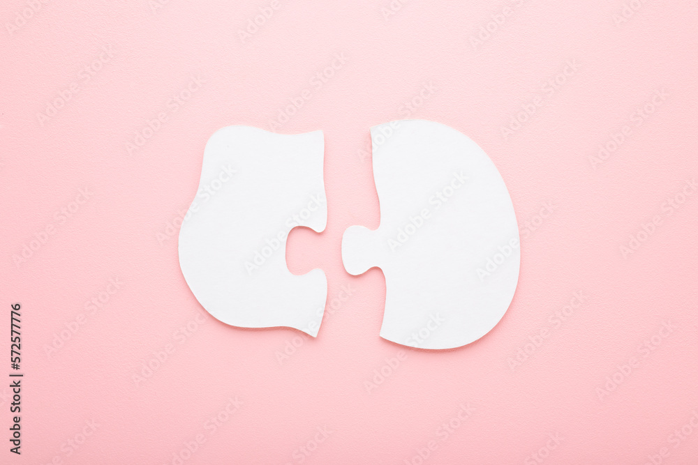 Different two white big puzzle pieces on light pink table background. Pastel color. Closeup. Baby simple jigsaw. Compatibility concept. Top down view. Different two white big puzzle pieces on light pink table background. Pastel color. Closeup. Baby simple jigsaw. Compatibility concept. Top down view.