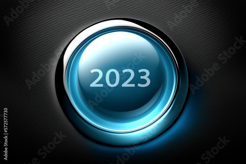 blauer runder leuchtender Knopf mit 2023, generative AI © Jenny Sturm