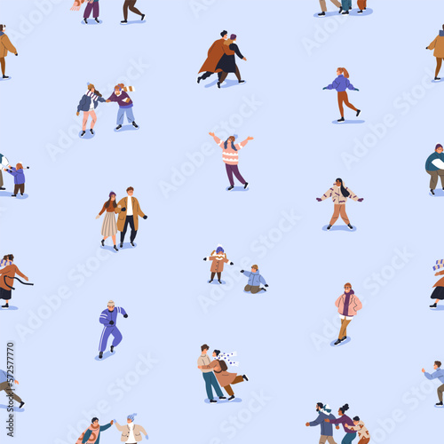 Ice rink, seamless pattern. People skating on winter holidays, repeating prin...