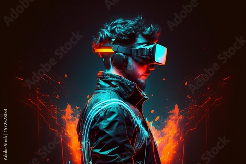 Young man in glasses of virtual reality on dark background. Augmented reality. Generative AI
