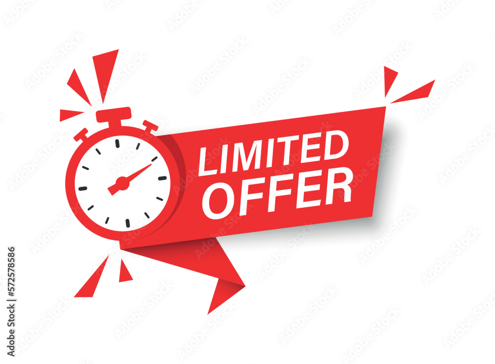 Limited offer icon in flat style. Promo label with alarm clock