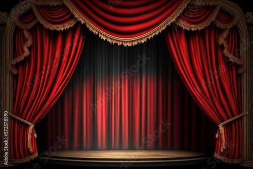 Theater curtain and stage with dramatic lighting. Generative AI