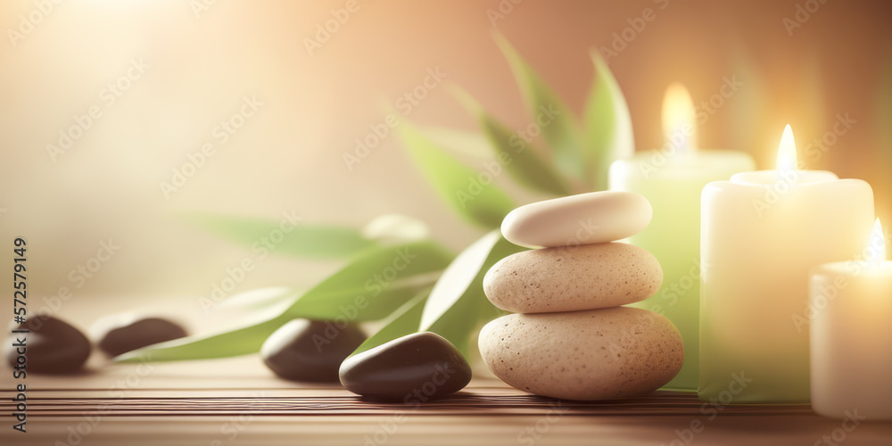 Obraz premium Zen spa relaxation. Concept Feng Shui. Ambiance salon de beauté massage. Bannière avec bambou et pierres empilées. Atmosphère calme et reposante. Generative AI