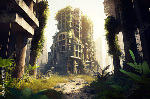 post-apocalyptic scenery with destroyed building structures, generative ai illustration