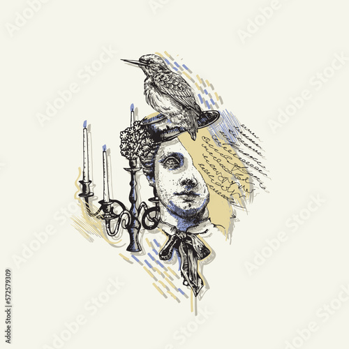Abstract vector vintage illustration. Creative surreal print for advertising, poster templates and more. Face, face, hat, bird, candlestick, inscription.