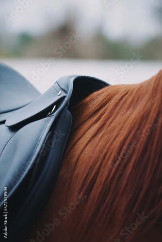 closeup black saddle gp jump on a horse front