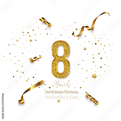 8 March International Woman's Day vector template. Festive postcard, greeting card design with gold number eight, ribbons and confetti, holiday congratulations on white background