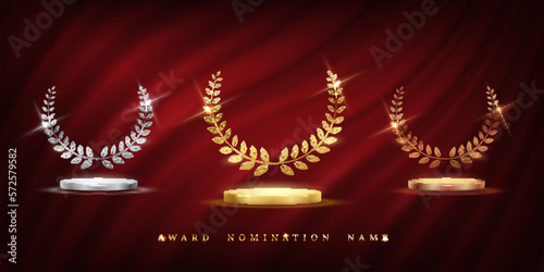 Golden, silver and bronze award signs with podiums and laurel wreath isolated on red waving curtain background. Vector award trophy design template