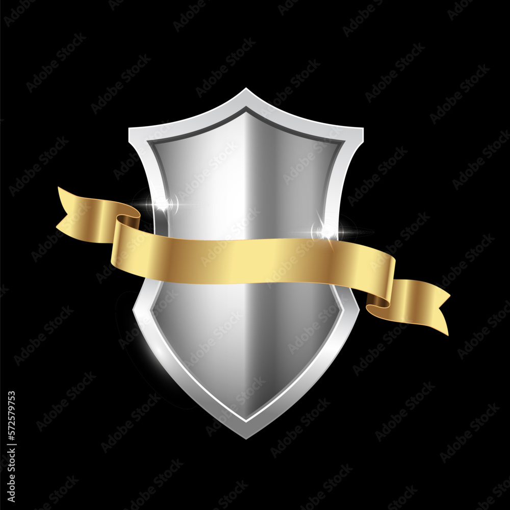 Silver shield with gold ribbon. Metal heraldic emblems vector illustration. Retro luxury elements with shining sparkles. Heraldry insignia, antique steel and golden decor on black background Silver shield with gold ribbon. Metal heraldic emblems vector illustration. Retro luxury elements with shining sparkles. Heraldry insignia, antique steel and golden decor on black background