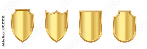 Gold shield set, realistic isolated golden trophy, 3d luxury safety protection emblems