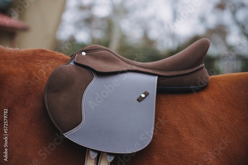 brown jump saddle on a red horse side
