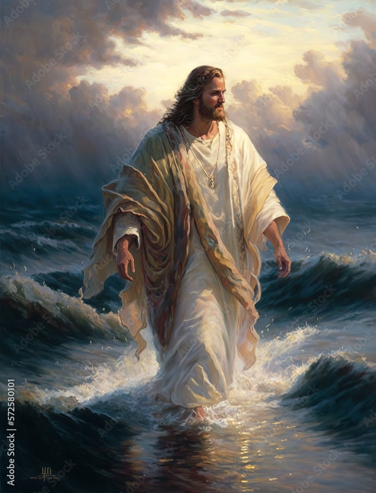 Jesus Christ Walking On Water During Storm Heavenly Rays Coming From