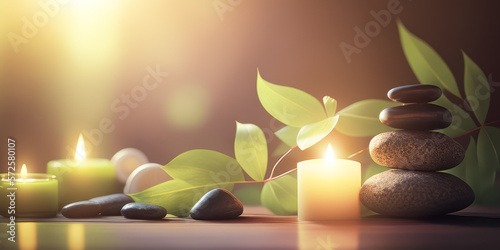 Zen spa relaxation. Concept Feng Shui. Ambiance salon de beauté massage. Bannière avec bambou et pierres empilées. Atmosphère calme et reposante. Generative AI photo