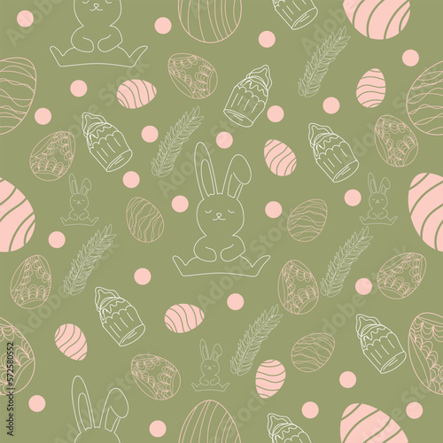 Many drawn Easter eggs, bunnies and cakes on color background. Texture for design