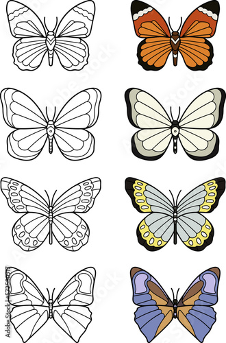 Hand butterflies. Set of vector butterflies, line and color. Vector illustration in doodle style. Coloring pages.  © STANISLAV