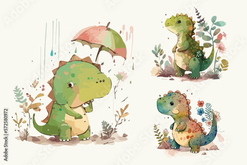 Fototapeta Naklejka Na Ścianę i Meble -  Cute doodle dinosaur, kids dinosaur with watercolor vector illustration