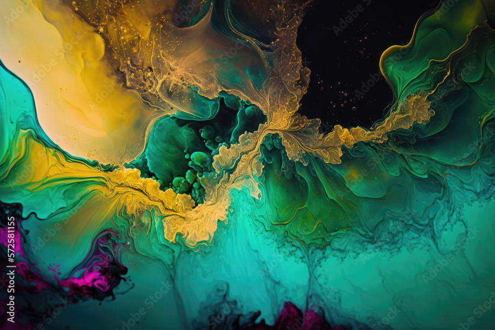 art photography of abstract fluid art painting with alcohol ink, blue and gold colors.Generative AI