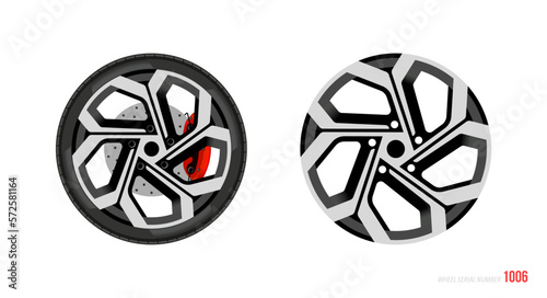 Realistic car rim. Wheel and rim symbol in modern and flat style. Vector illustration of car element for web and mobile design. Isolated on white background.