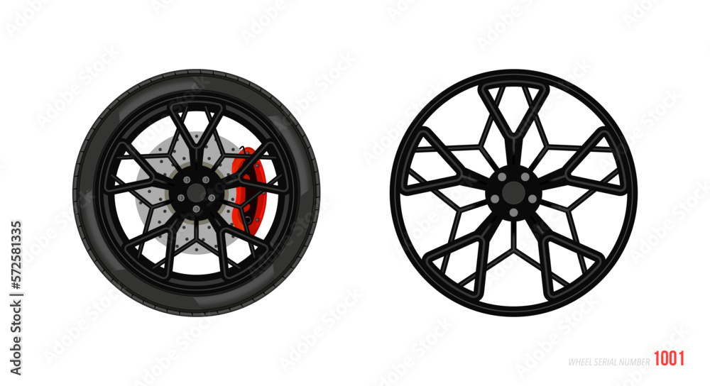 Realistic car rim. Wheel and rim symbol in modern and flat style. Vector illustration of car element for web and mobile design. Isolated on white background.