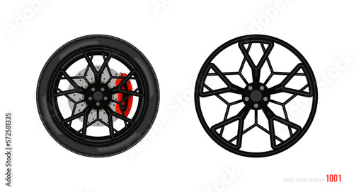 Realistic car rim. Wheel and rim symbol in modern and flat style. Vector illustration of car element for web and mobile design. Isolated on white background.