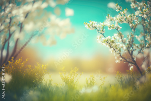 Blossoming cherry trees in spring,Spring Background.Generative AI © premyuda