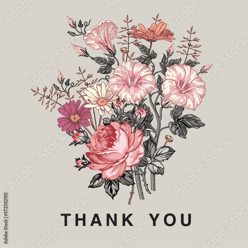 Wedding marriage thanks invitation. Beautiful blooming flowers. Vintage greeting card Frame Drawing engraving. Petunia Chamomile Rose isolated floral. Wallpaper background. Vector baroque Illustration