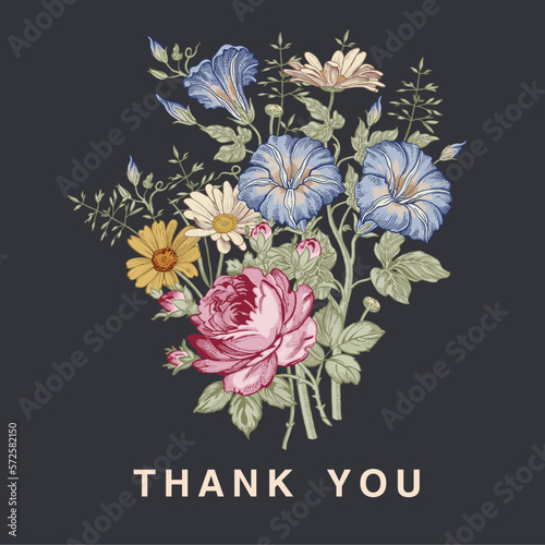 Wedding marriage thanks invitation. Beautiful blooming flowers. Vintage greeting card Frame Drawing engraving. Petunia Chamomile Rose isolated floral. Wallpaper background. Vector baroque Illustration