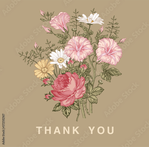 Wedding marriage thanks invitation. Beautiful blooming flowers. Vintage greeting card Frame Drawing engraving. Petunia Chamomile Rose isolated floral. Wallpaper background. Vector baroque Illustration