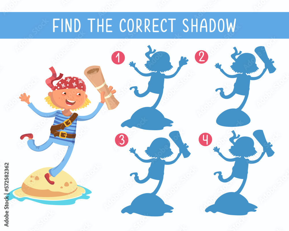 Fototapeta premium Find correct shadow. Educational puzzle game for children. Cute pirate with map. Vector cartoon illustration.
