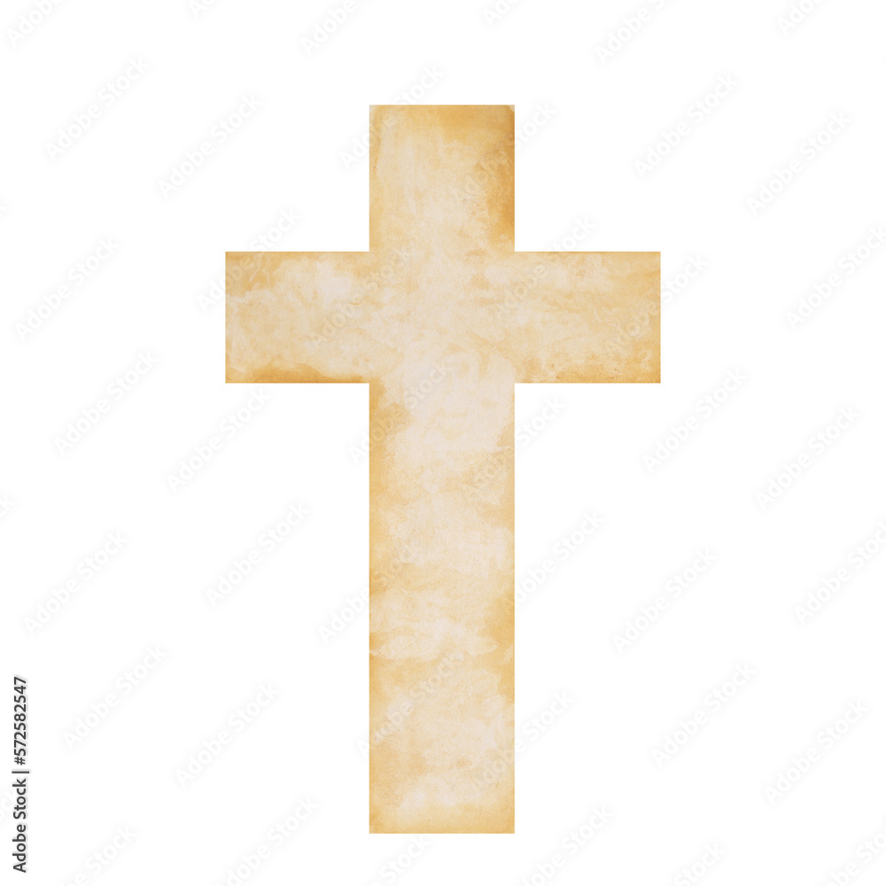 Religious cross isolated on a transparent background. Biege watercolor Christian cross illustration. The hand-painted catholic or orthodox symbol for the first community, baptism, and Easter.