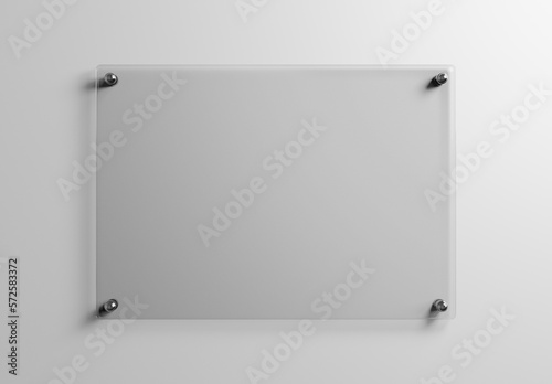 Transparent glass sign plate on white mockup. Template of a blank plastic business signboard on empty texture. 3D rendering