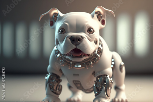 Cute robotic puppy on empty background. White happy little dog robot. Futuristic pet assistant powered by artificial intelligence. Generative ai