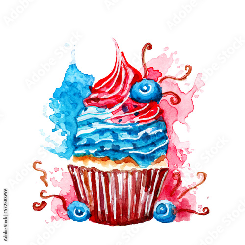 Aquarel cupcake with blue berries